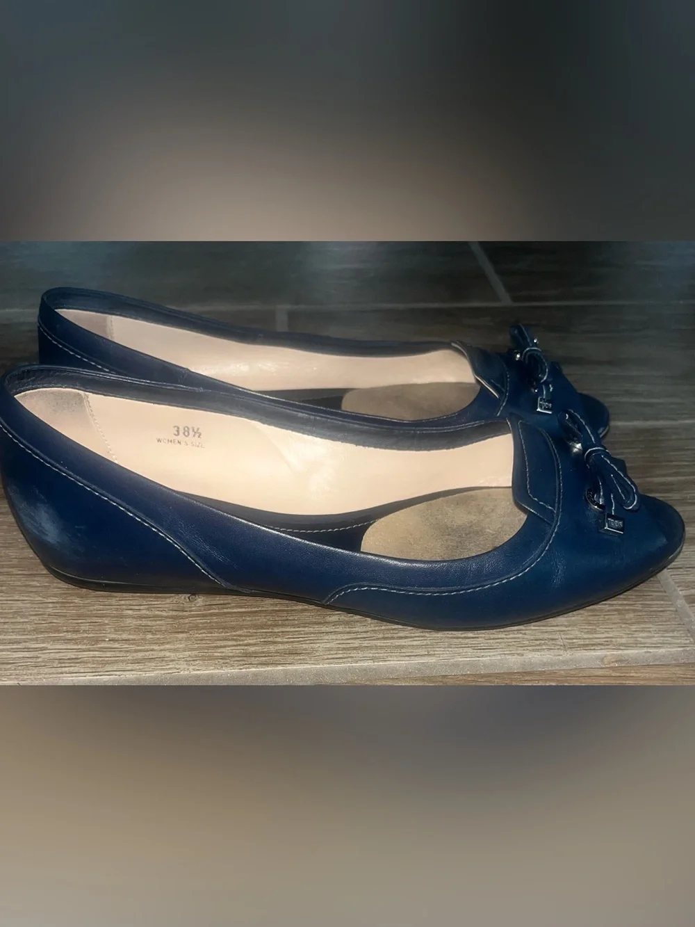 TOD'S Navy Leather Peep-Toe Flats with Bow Accent